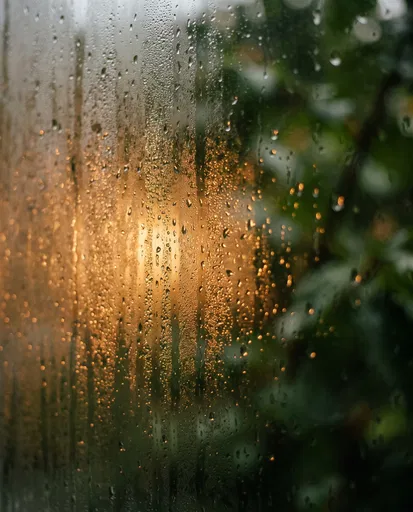 Raindrops and Condensation on Warm Lit Window