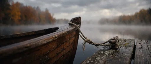 Wooden Rowboat Tied to Misty Autumn Dock