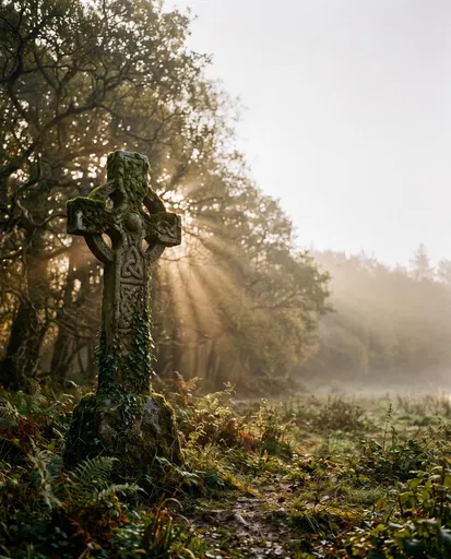 Ancient Mossy Celtic Cross in Misty Woodland