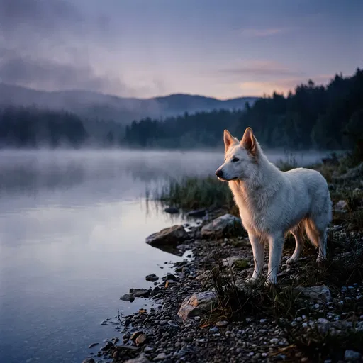 White Shepherd on Misty Lakeshore