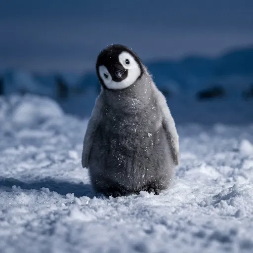 Fluffy Emperor Penguin Chick on Snow