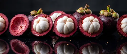Freshly Cut Mangosteens on Glossy Black Surface