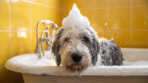 Sheepdog Taking Bubble Bath in Tub