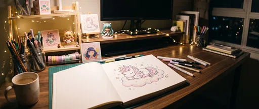 Cozy Artist Desk with Unicorn Drawing