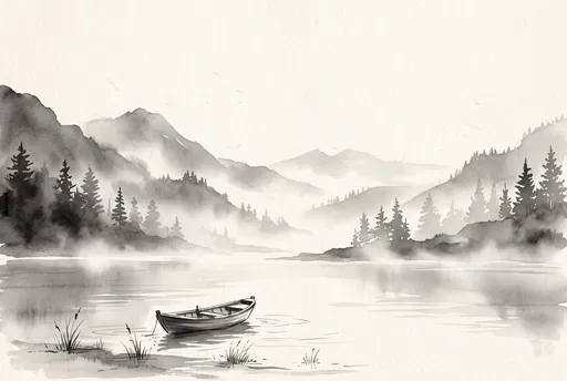 Ink Wash Mountain Lake Rowboat