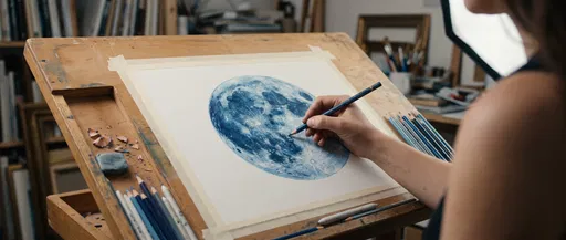 Artist Drawing Blue Moon on Drafting Table