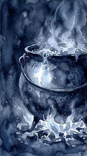 Indigo Watercolor Witch Cauldron Illustration