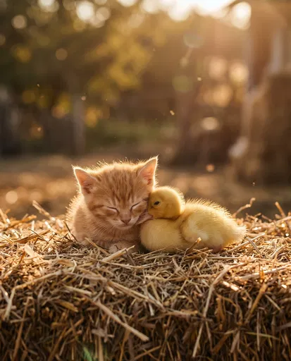 Orange Kitten and Duckling Cuddling on Hay
