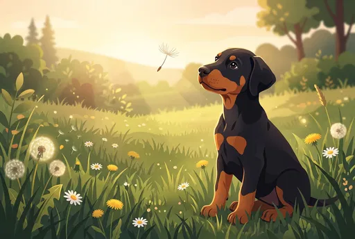 Doberman Puppy in Sunny Meadow Illustration