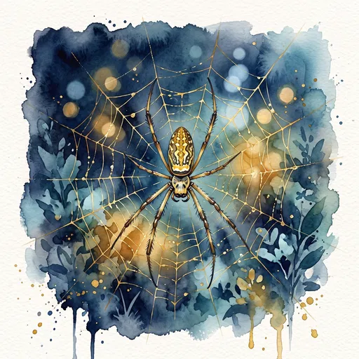 Watercolor Golden Orb-Weaver Spider in Web