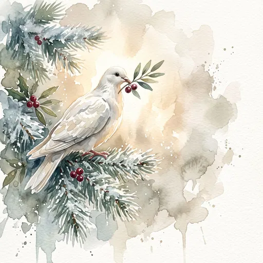 Watercolor White Dove on Winter Pine