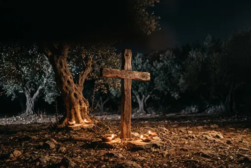 Wooden Cross in Olive Grove at Night