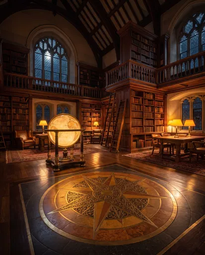 Old World Library With Illuminated Globe