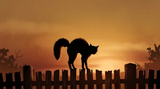 Scared Cat Silhouette on Sunset Fence
