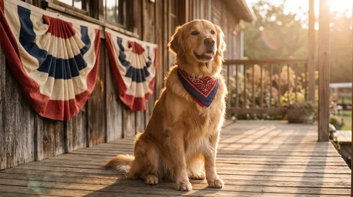 Golden Retriever on Porch with Bunting