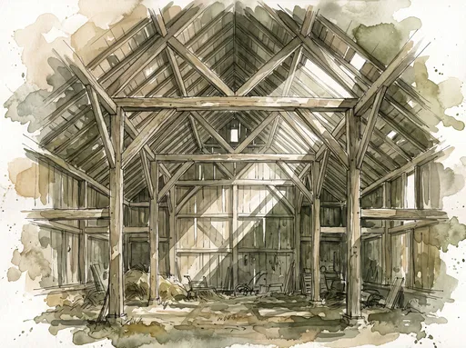 Watercolor Sketch of Timber Barn Interior