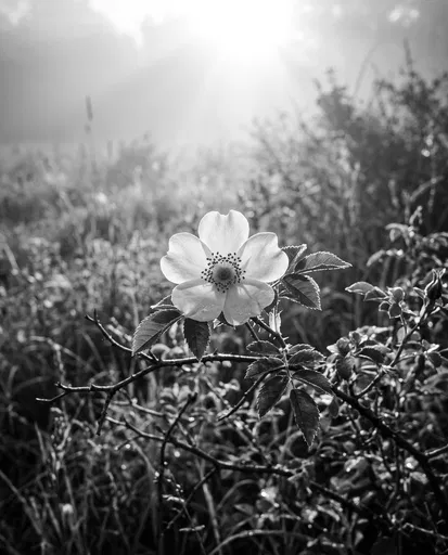 Backlit Wild Briar Rose in Monochrome