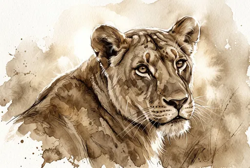 Sepia Watercolor Illustration of a Lioness