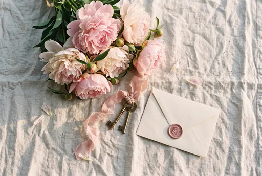 Pink Peonies Envelope and Vintage Keys