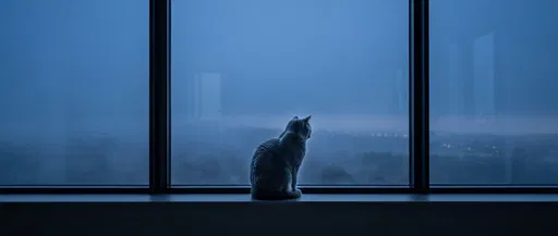 Gray Cat on Windowsill at Blue Hour