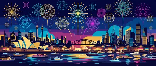 Panoramic Harbor City Fireworks Illustration