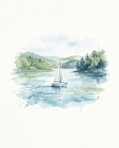 Watercolor Sailboat on Serene Forest Lake