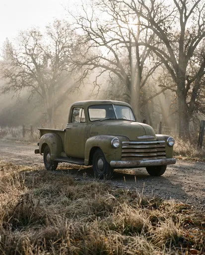 Vintage Olive Green Pickup on Country Road