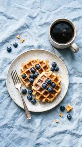 Blueberry Waffles and Coffee Flat Lay