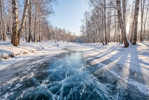 Frozen Blue Stream in Birch Forest