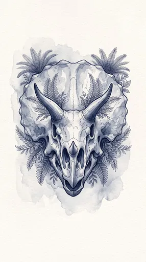 Indigo Watercolor Triceratops Skull and Botanicals