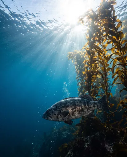 Giant Sea Bass Near Kelp Forest