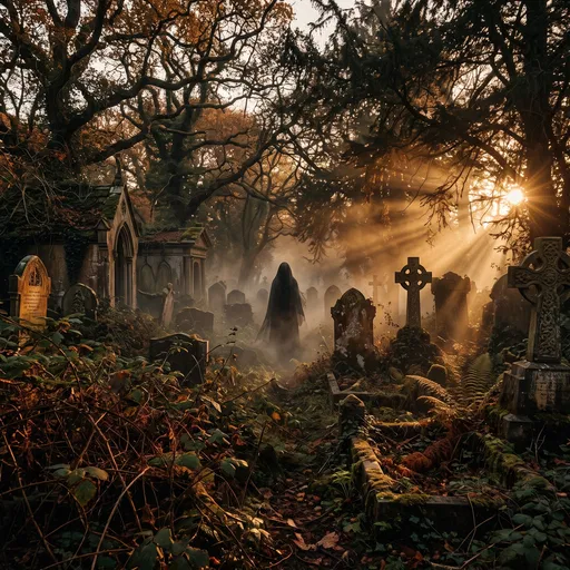 Cloaked Figure in Foggy Sunset Graveyard