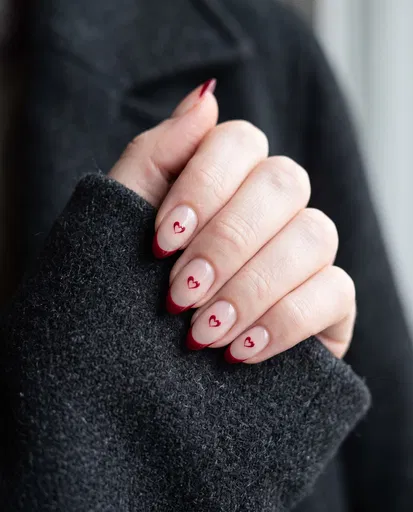 Almond Nails With Red Tips and Hearts