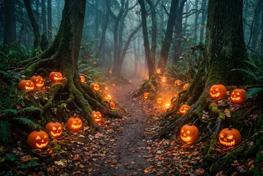 Glowing Halloween Pumpkins on Misty Forest Path