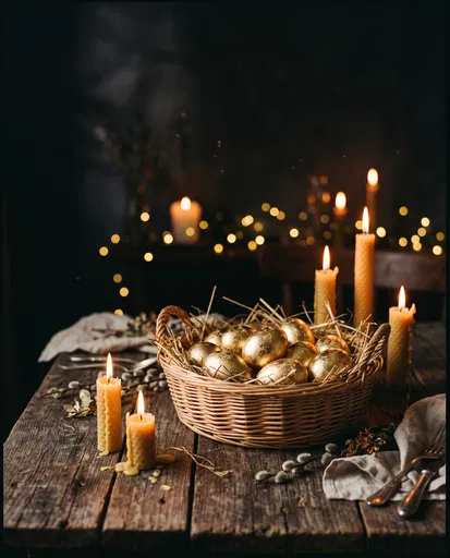 Golden Easter Eggs in Basket by Candlelight