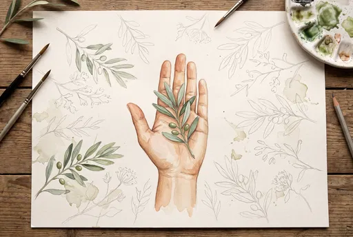 Watercolor Hand With Olive Branch Flat Lay