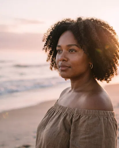 Woman Looking Out at Ocean at Sunrise