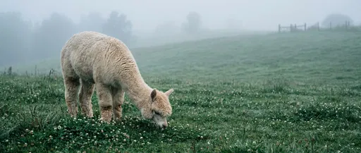 Cream Alpaca Grazing in Misty Pasture