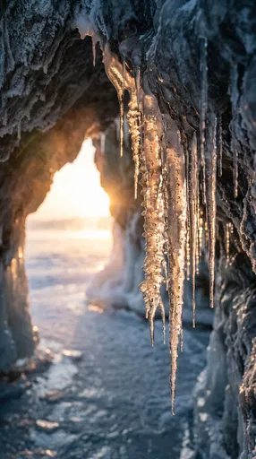 Golden Sunrise Backlighting Ice Cave Icicles