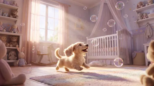 Cream Dachshund Puppy Chasing Bubbles in Nursery