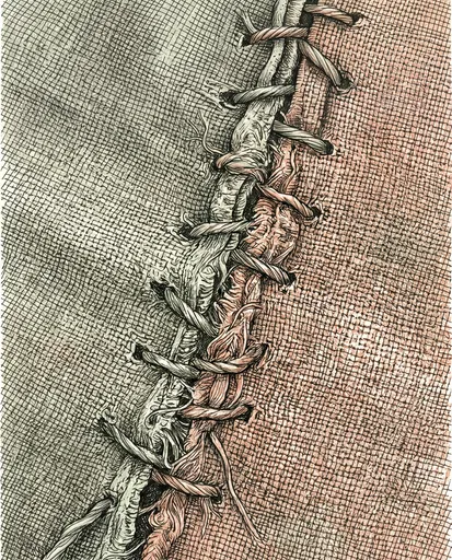 Cross-Hatched Ink Drawing of Stitched Seam