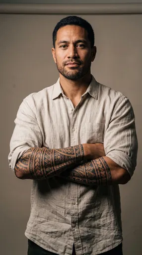 Portrait of Man With Polynesian Forearm Tattoos
