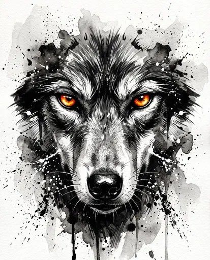 Watercolor Wolf Portrait With Orange Eyes