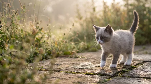 Backlit Kitten Walking on Garden Path