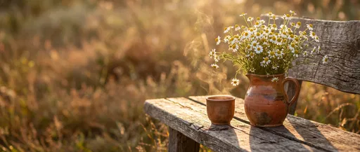 Chamomile Pitcher and Steaming Cup on Bench