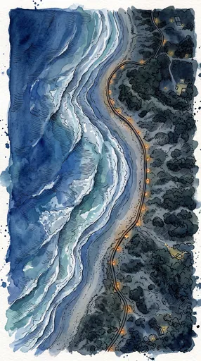 Aerial Night Coastal Boardwalk Watercolor Illustration