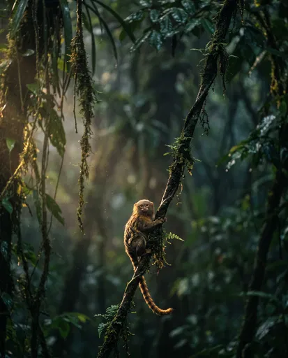 Pygmy Marmoset on Mossy Rainforest Vine