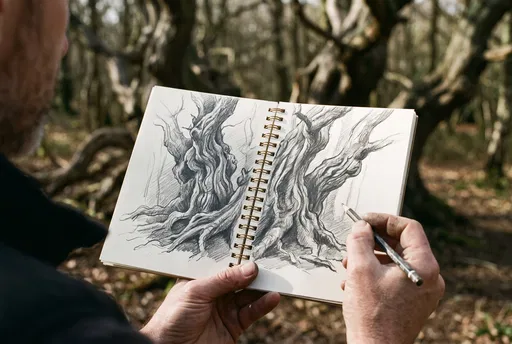 Artist Sketching Gnarled Trees in Forest