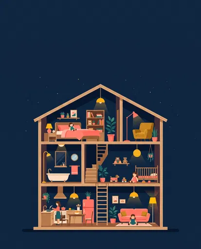 Flat Illustration of Three-Story Wooden Dollhouse