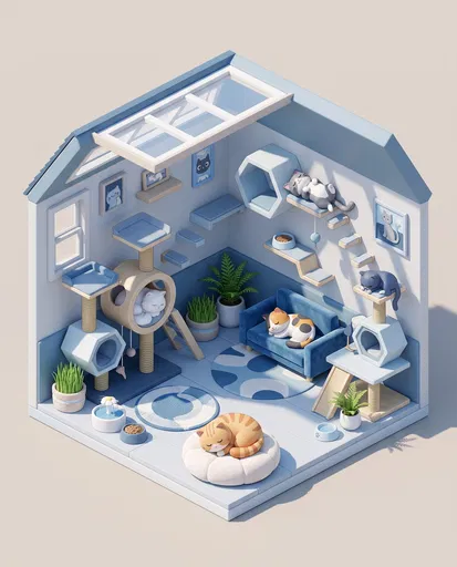 Isometric 3D Blue Cat Lounge Illustration